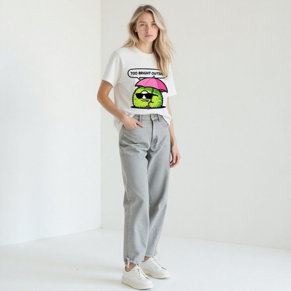 Unisex T-Shirt: Bright Outside? Cool Fuzzy Character with Pink Umbrella & Sunglasses - Image 11