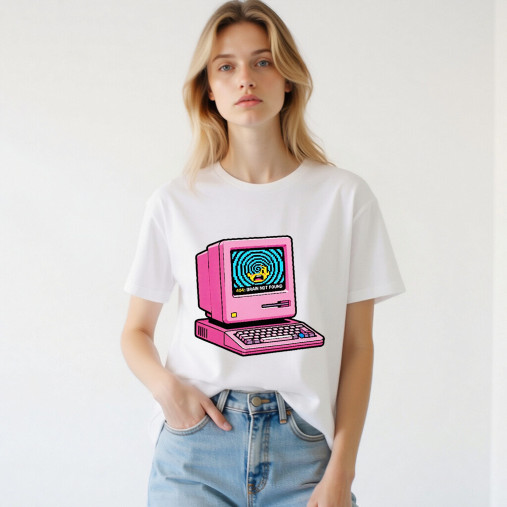 Pink Retro Computer T-Shirt | 404 Brain Not Found Error Design Unisex Staple Tee - Image 2