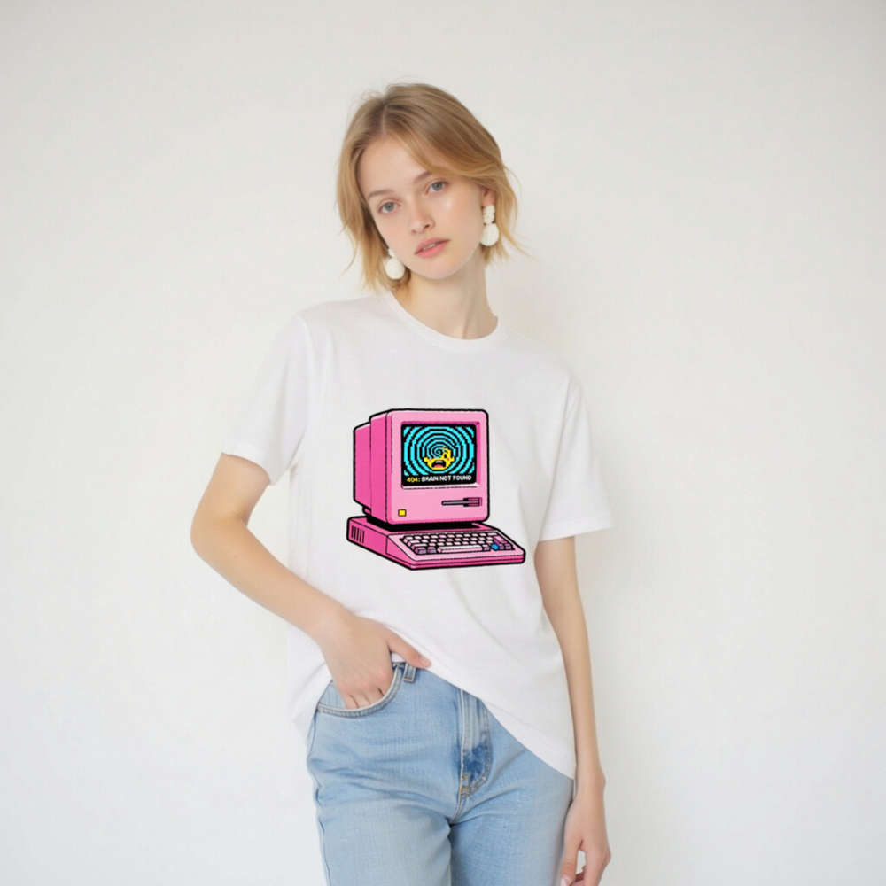 Pink Retro Computer T-Shirt | 404 Brain Not Found Error Design Unisex Staple Tee - Image 3