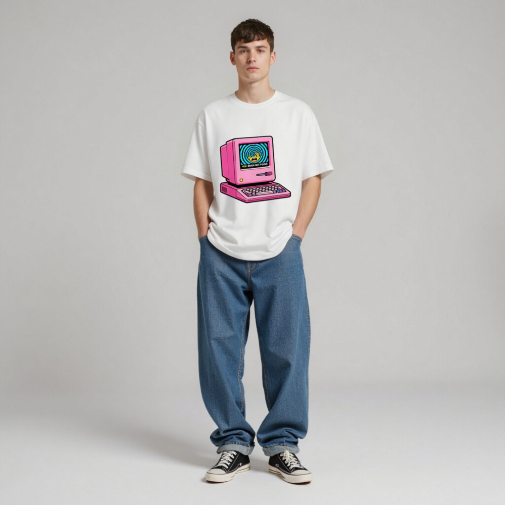 Pink Retro Computer T-Shirt | 404 Brain Not Found Error Design Unisex Staple Tee - Image 4