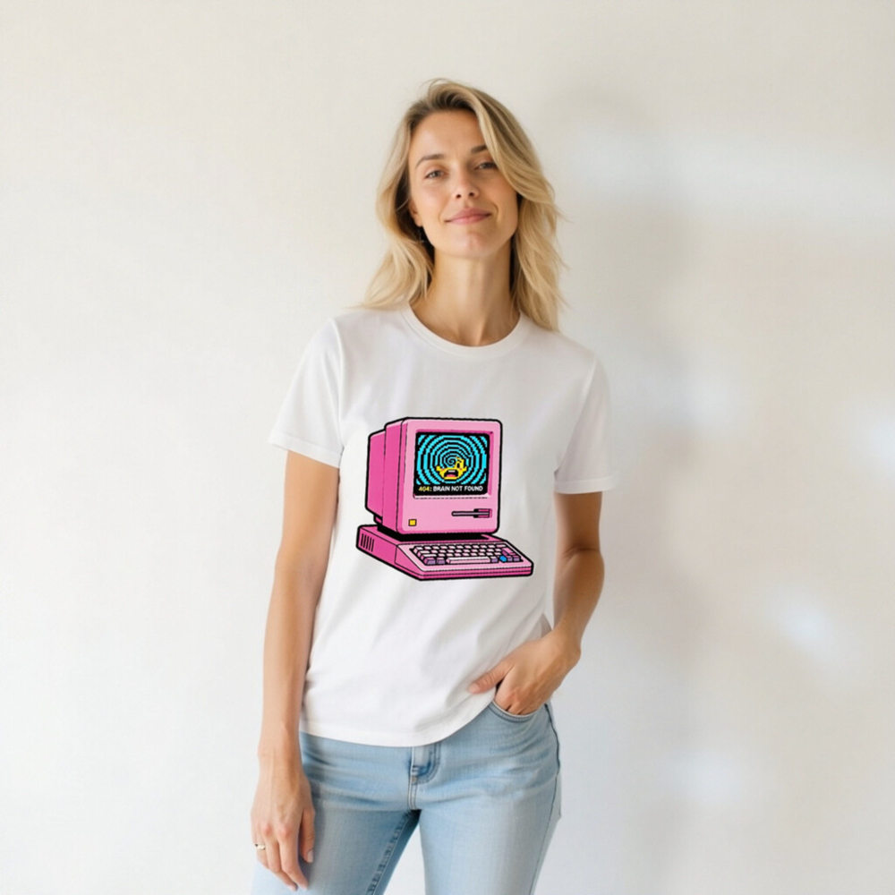 Pink Retro Computer T-Shirt | 404 Brain Not Found Error Design Unisex Staple Tee - Image 5
