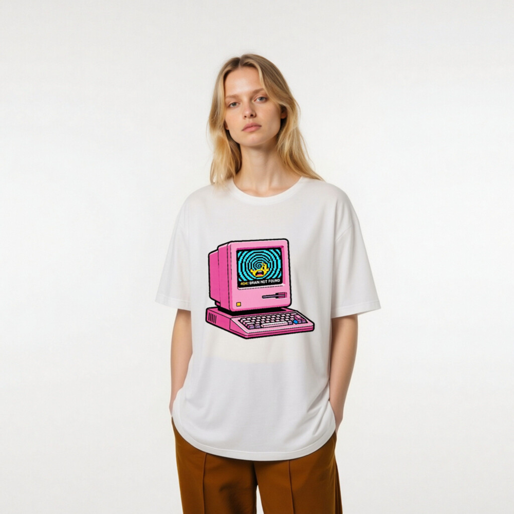 Pink Retro Computer T-Shirt | 404 Brain Not Found Error Design Unisex Staple Tee - Image 6
