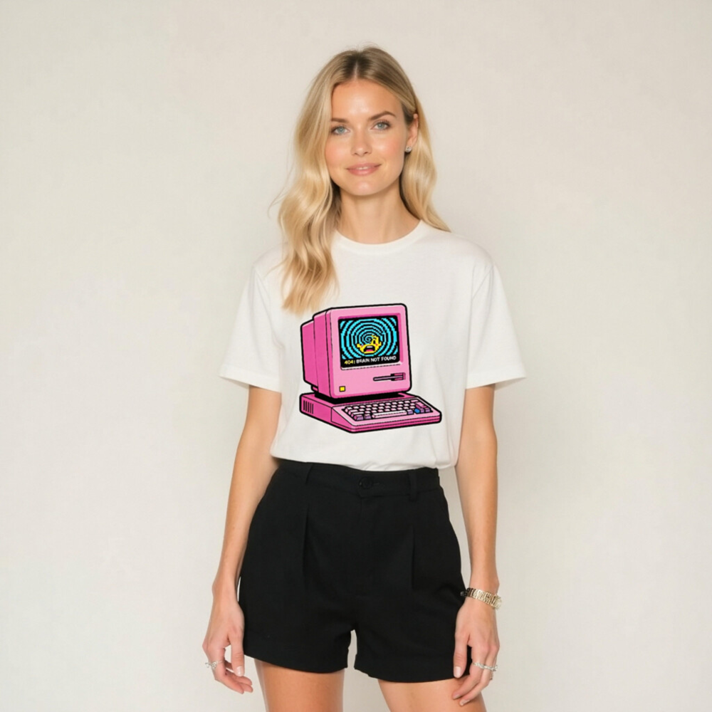Pink Retro Computer T-Shirt | 404 Brain Not Found Error Design Unisex Staple Tee - Image 7