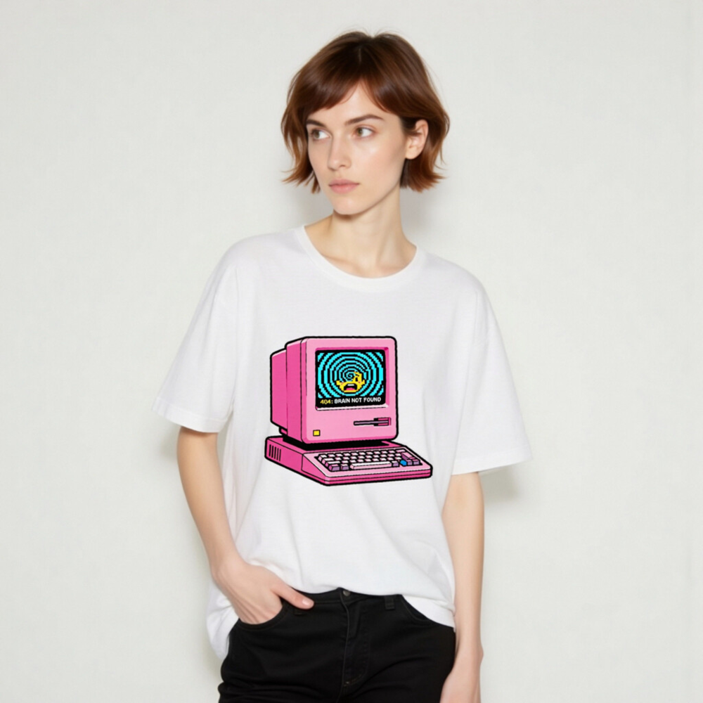 Pink Retro Computer T-Shirt | 404 Brain Not Found Error Design Unisex Staple Tee - Image 8