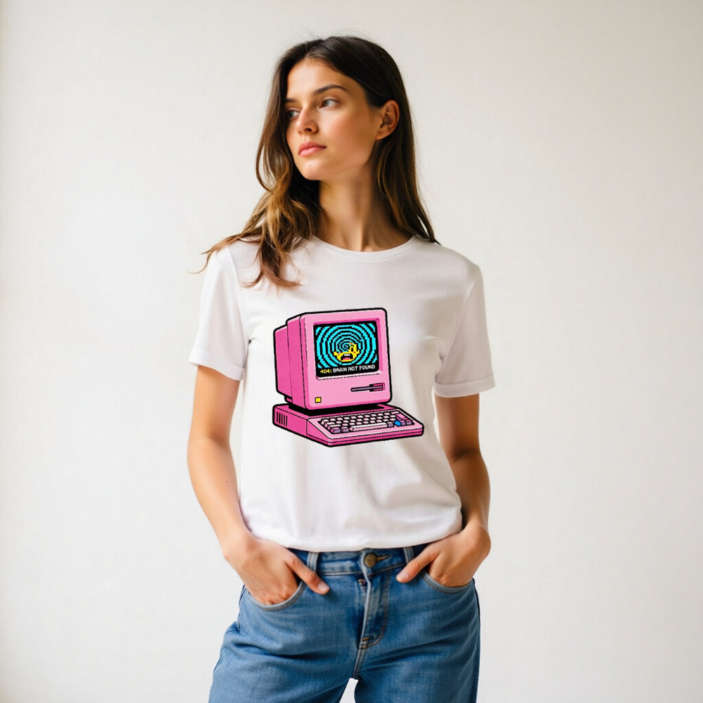 Pink Retro Computer T-Shirt | 404 Brain Not Found Error Design Unisex Staple Tee - Image 9