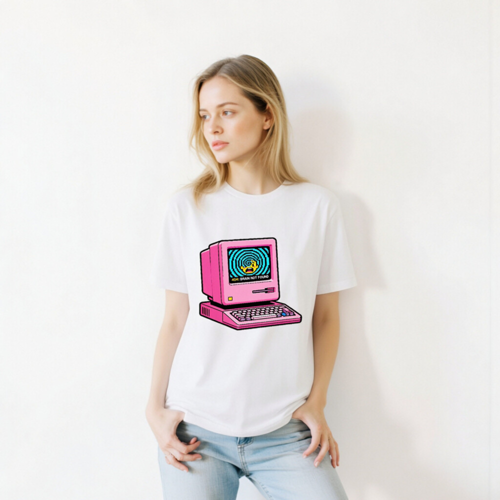 Pink Retro Computer T-Shirt | 404 Brain Not Found Error Design Unisex Staple Tee - Image 10
