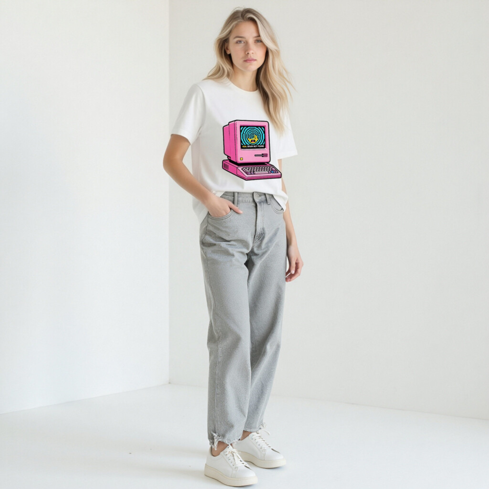 Pink Retro Computer T-Shirt | 404 Brain Not Found Error Design Unisex Staple Tee - Image 11