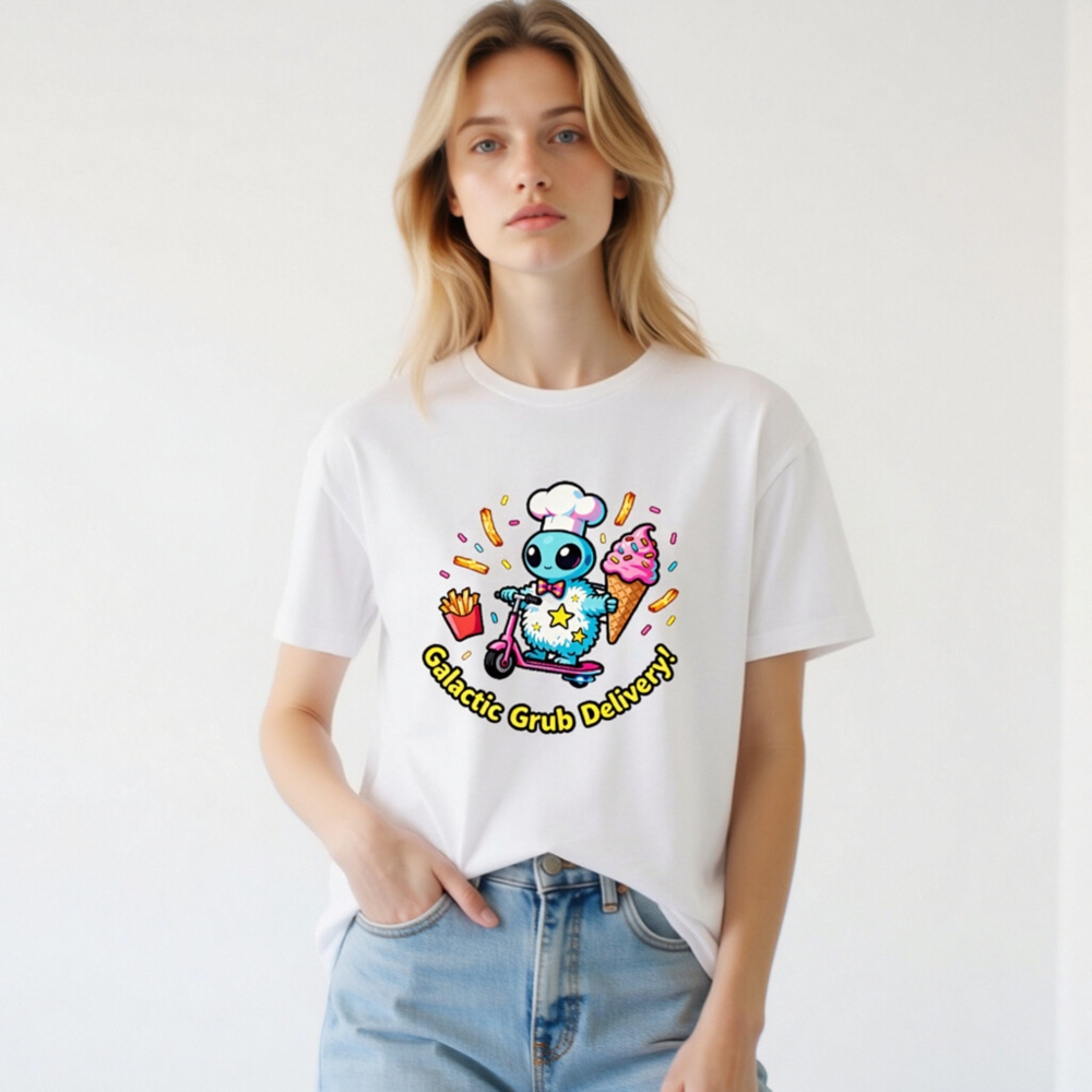 Galactic Grub Delivery! Unisex T-Shirt - Cute Alien Chef on Scooter, Fun Food Design - Image 3