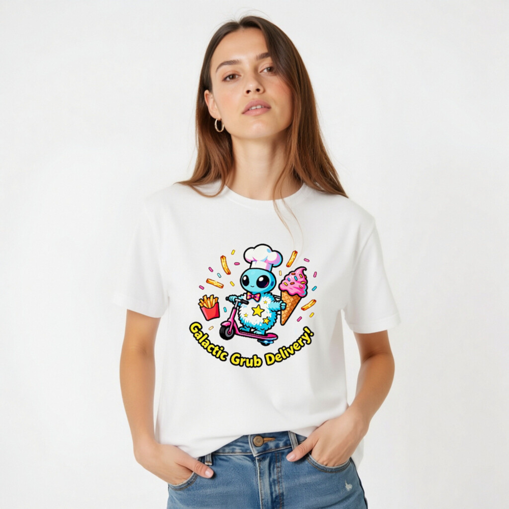 Galactic Grub Delivery! Unisex T-Shirt - Cute Alien Chef on Scooter, Fun Food Design - Image 5