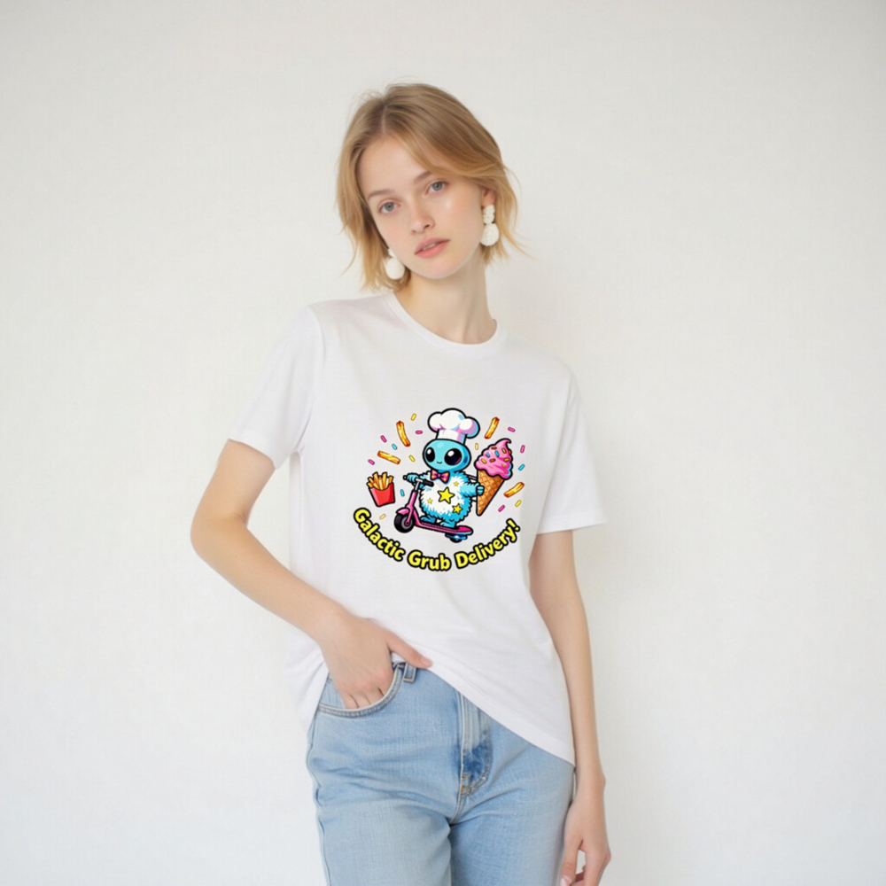 Galactic Grub Delivery! Unisex T-Shirt - Cute Alien Chef on Scooter, Fun Food Design - Image 6
