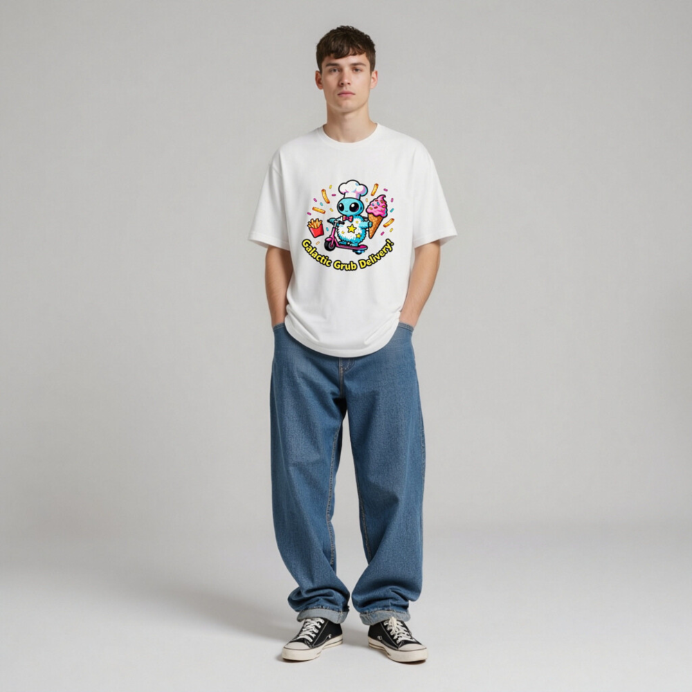 Galactic Grub Delivery! Unisex T-Shirt - Cute Alien Chef on Scooter, Fun Food Design - Image 7