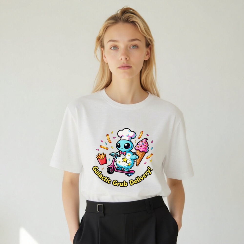 Galactic Grub Delivery! Unisex T-Shirt - Cute Alien Chef on Scooter, Fun Food Design - Image 9
