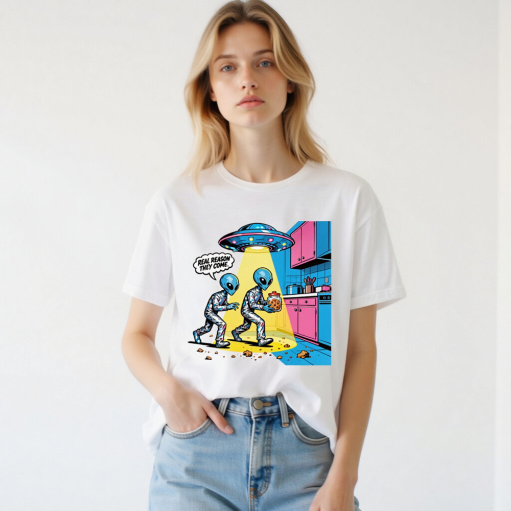 Unisex Staple T-Shirt - Alien Cookie Theft Comic Design, Real Reason They Come - Image 3