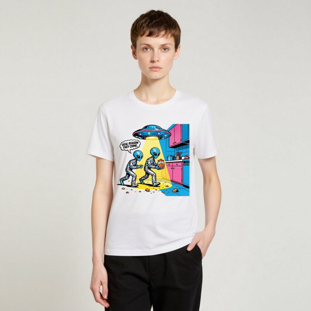 Unisex Staple T-Shirt - Alien Cookie Theft Comic Design, Real Reason They Come - Image 4