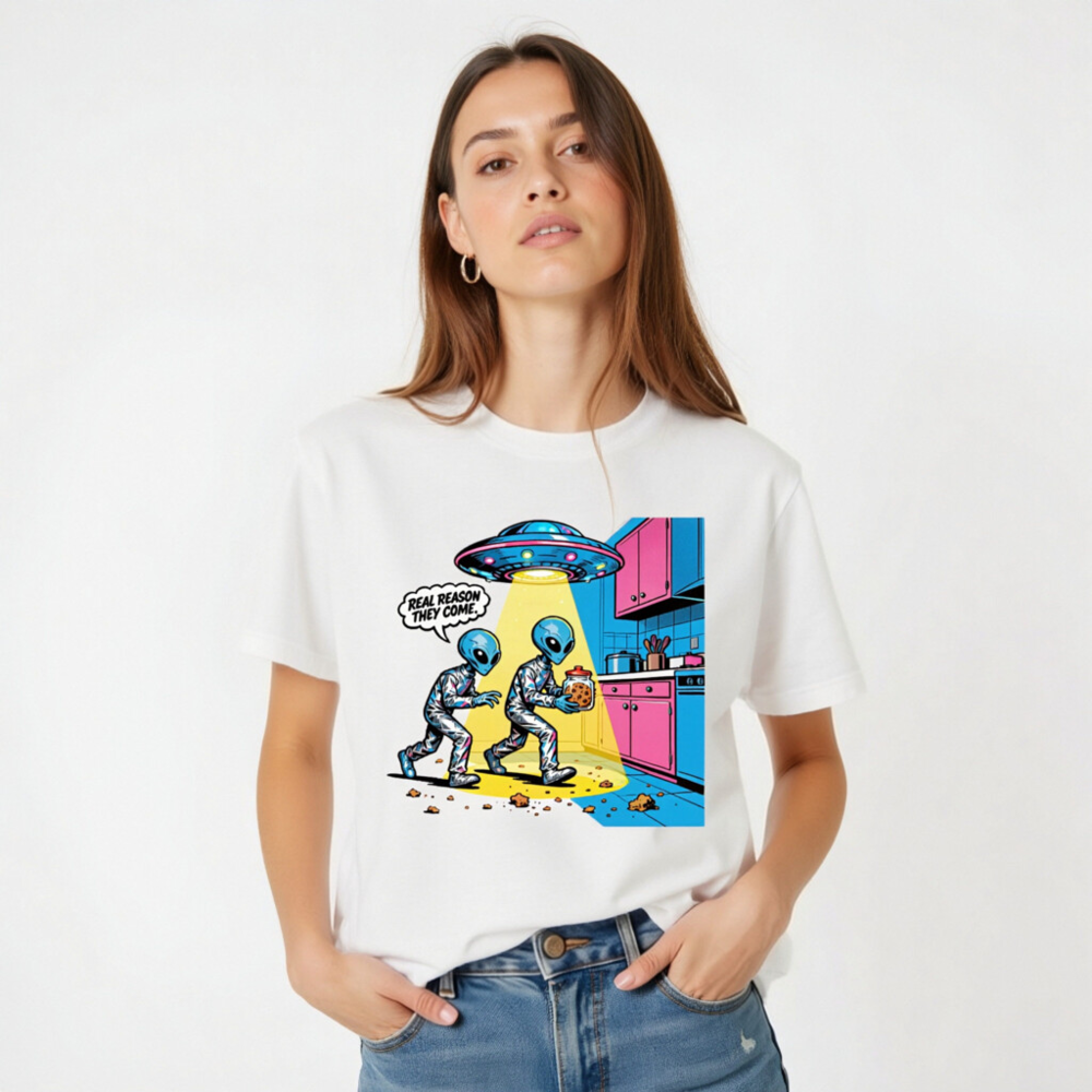 Unisex Staple T-Shirt - Alien Cookie Theft Comic Design, Real Reason They Come - Image 5