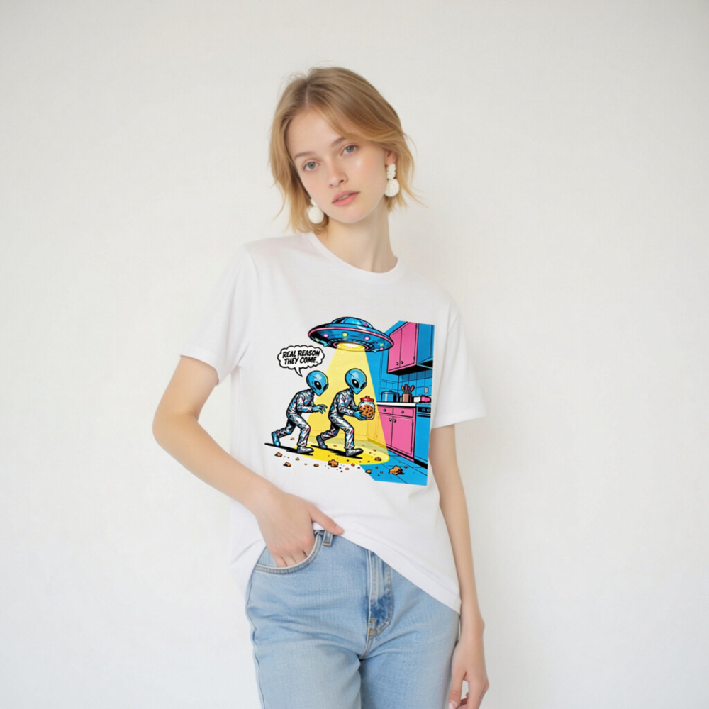 Unisex Staple T-Shirt - Alien Cookie Theft Comic Design, Real Reason They Come - Image 6