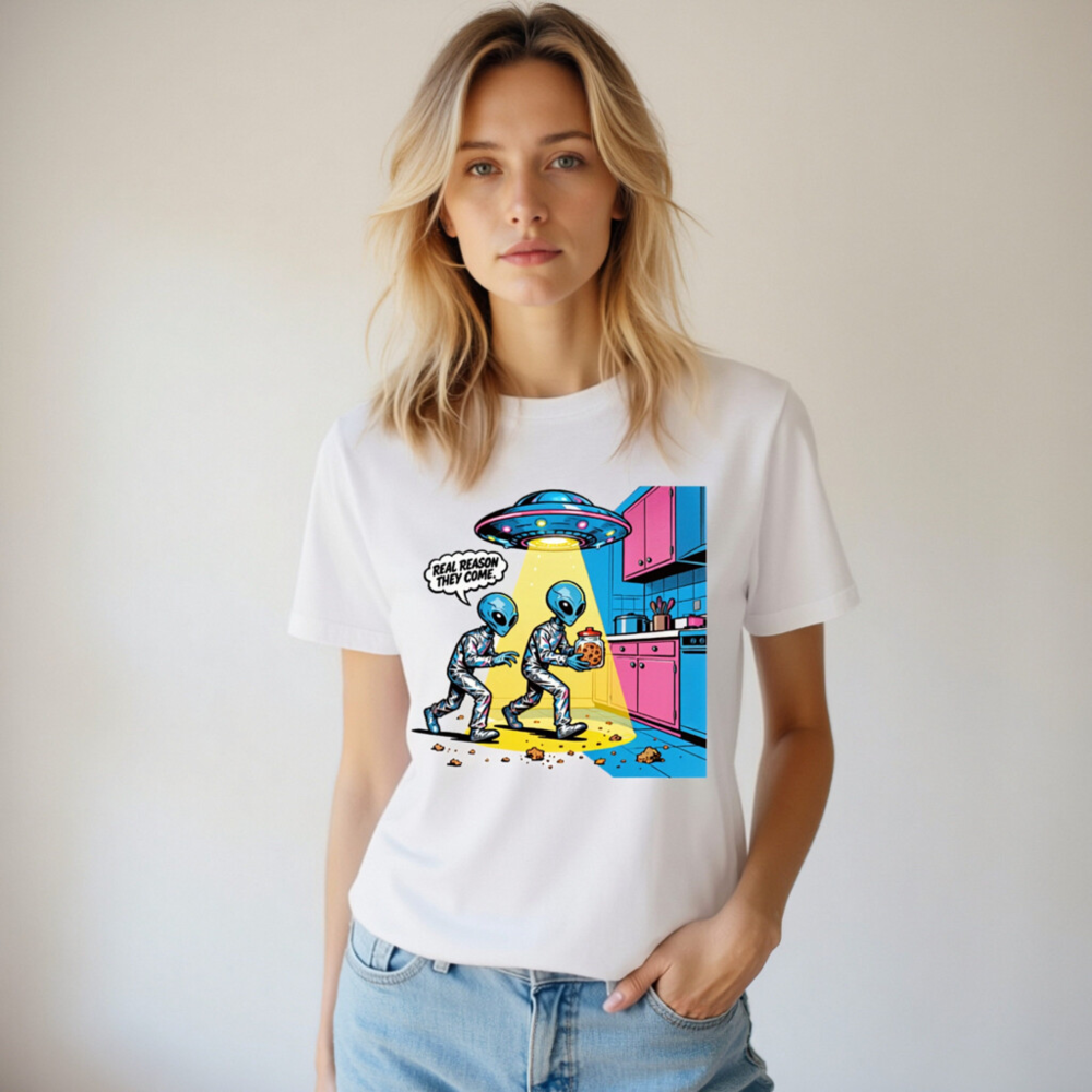 Unisex Staple T-Shirt - Alien Cookie Theft Comic Design, Real Reason They Come - Image 8