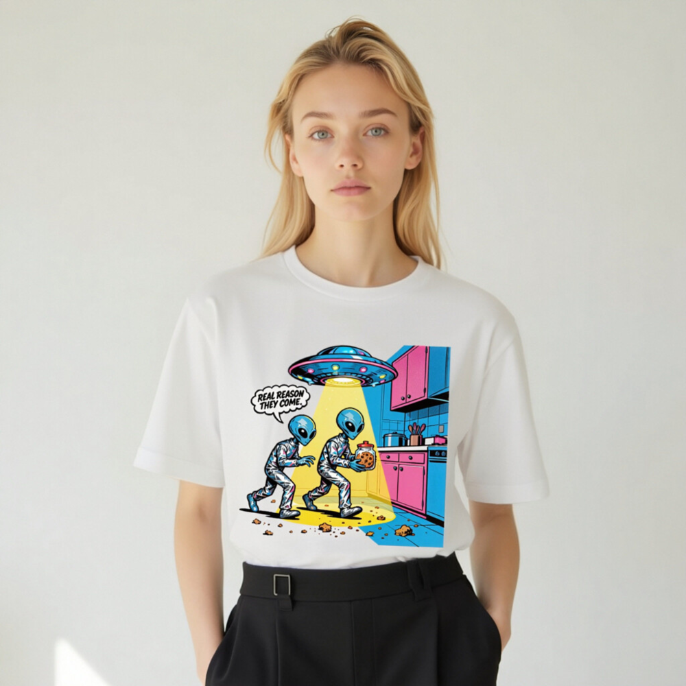 Unisex Staple T-Shirt - Alien Cookie Theft Comic Design, Real Reason They Come - Image 9