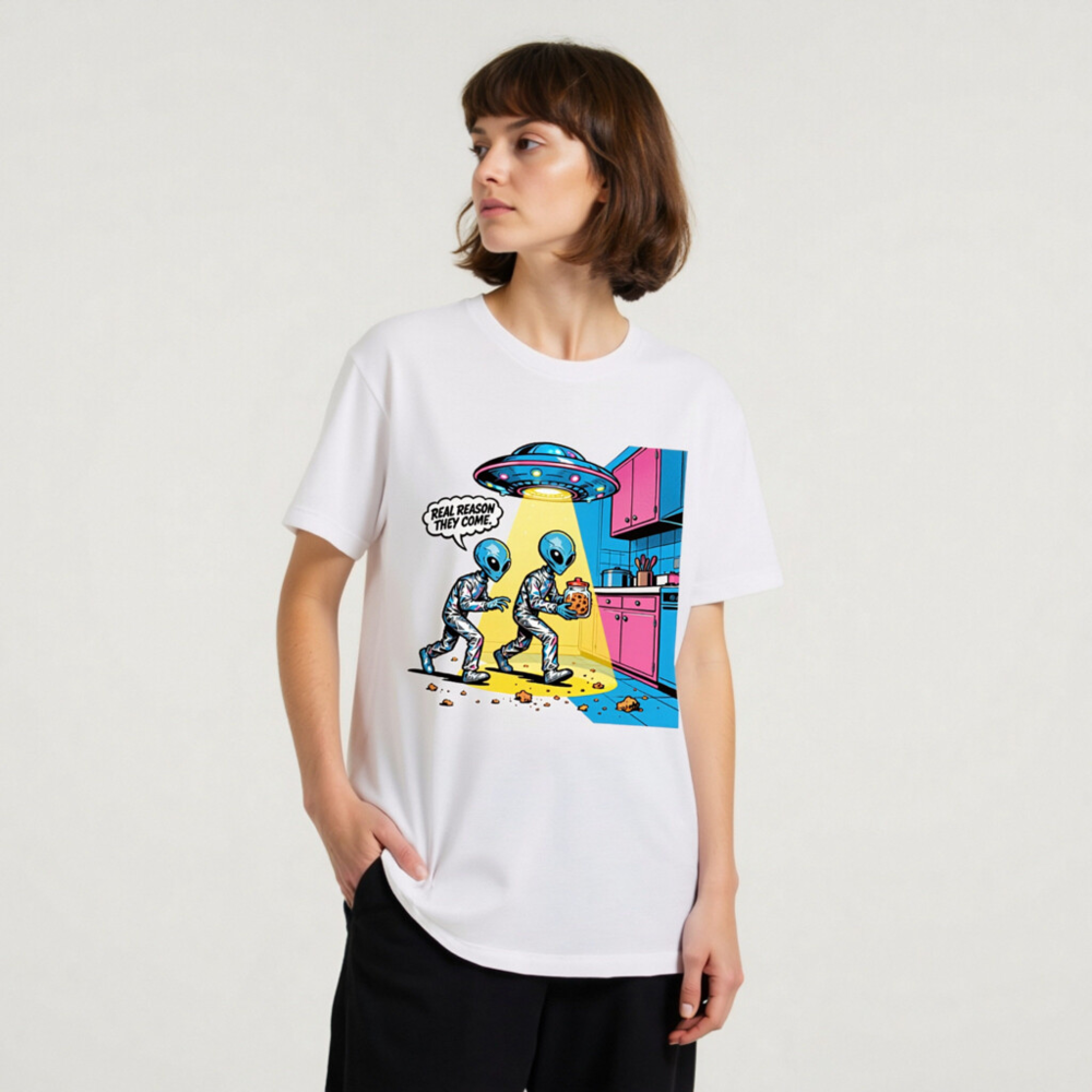 Unisex Staple T-Shirt - Alien Cookie Theft Comic Design, Real Reason They Come - Image 10