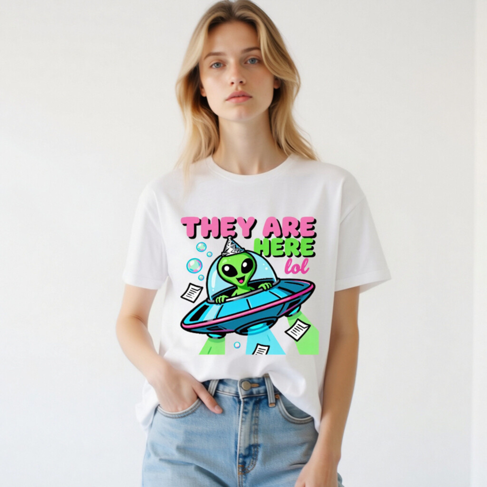 Unisex Staple T-Shirt - Alien UFO Party Hat Funny Design, 'They Are Here lol' Graphic Tee - Image 3