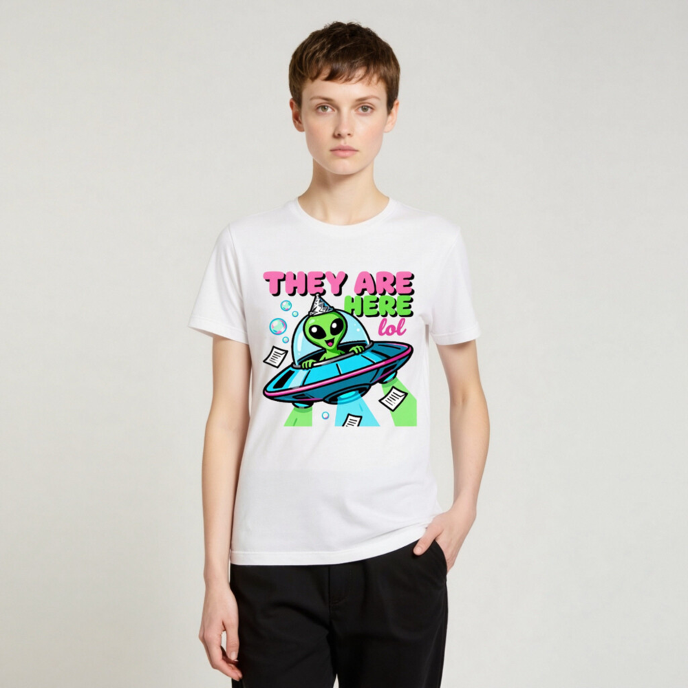 Unisex Staple T-Shirt - Alien UFO Party Hat Funny Design, 'They Are Here lol' Graphic Tee - Image 4