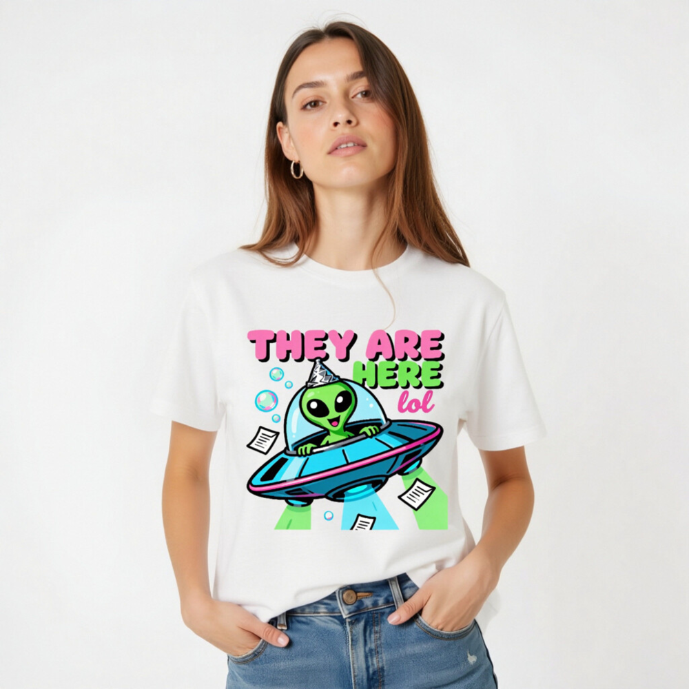 Unisex Staple T-Shirt - Alien UFO Party Hat Funny Design, 'They Are Here lol' Graphic Tee - Image 5