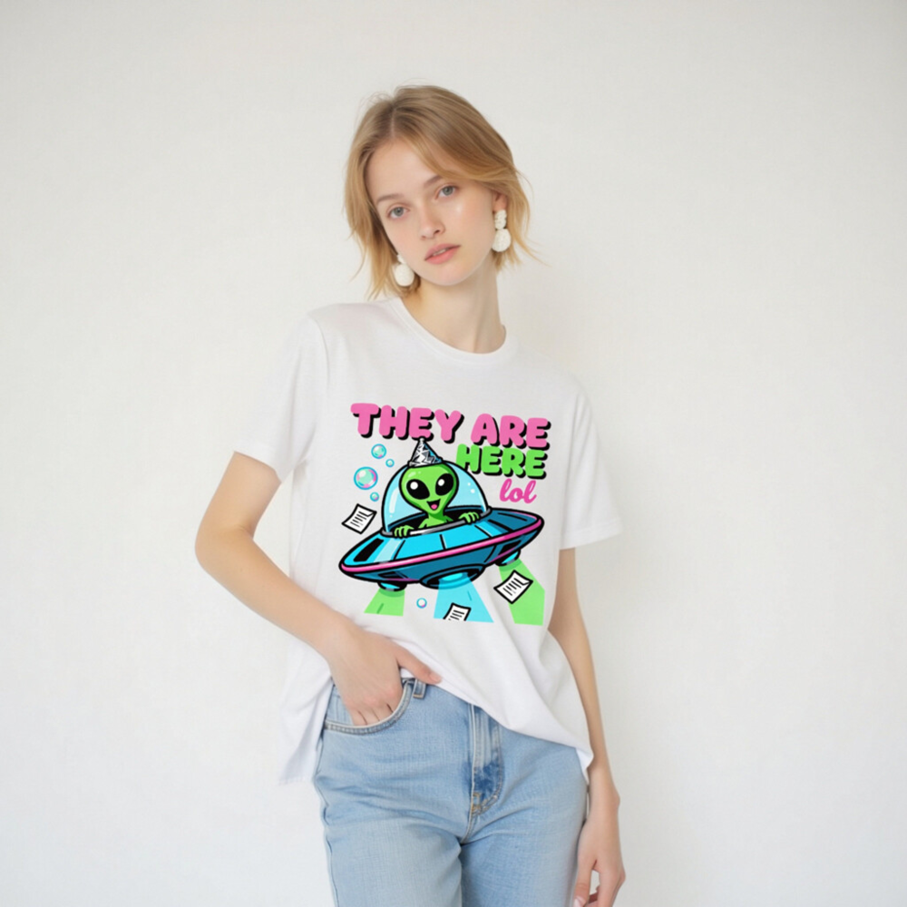 Unisex Staple T-Shirt - Alien UFO Party Hat Funny Design, 'They Are Here lol' Graphic Tee - Image 6