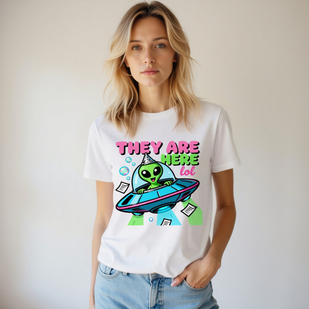 Unisex Staple T-Shirt - Alien UFO Party Hat Funny Design, 'They Are Here lol' Graphic Tee - Image 8