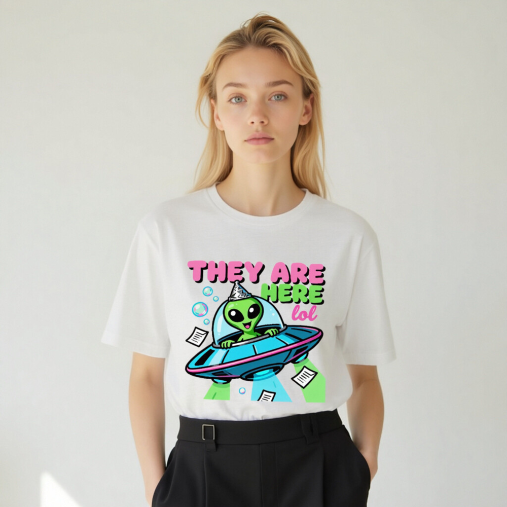 Unisex Staple T-Shirt - Alien UFO Party Hat Funny Design, 'They Are Here lol' Graphic Tee - Image 9