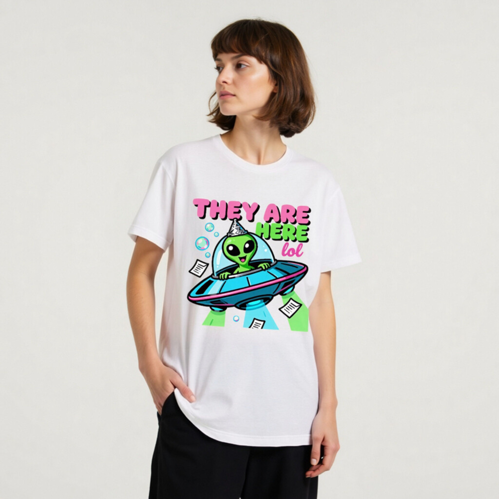 Unisex Staple T-Shirt - Alien UFO Party Hat Funny Design, 'They Are Here lol' Graphic Tee - Image 10