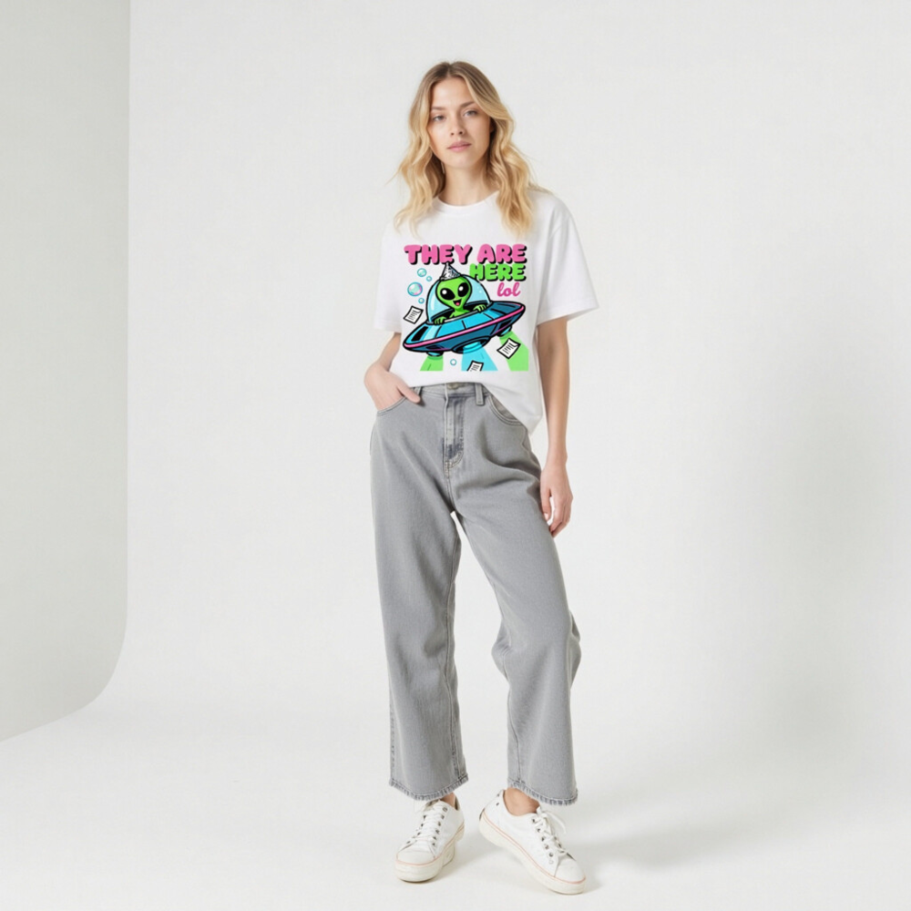Unisex Staple T-Shirt - Alien UFO Party Hat Funny Design, 'They Are Here lol' Graphic Tee - Image 11