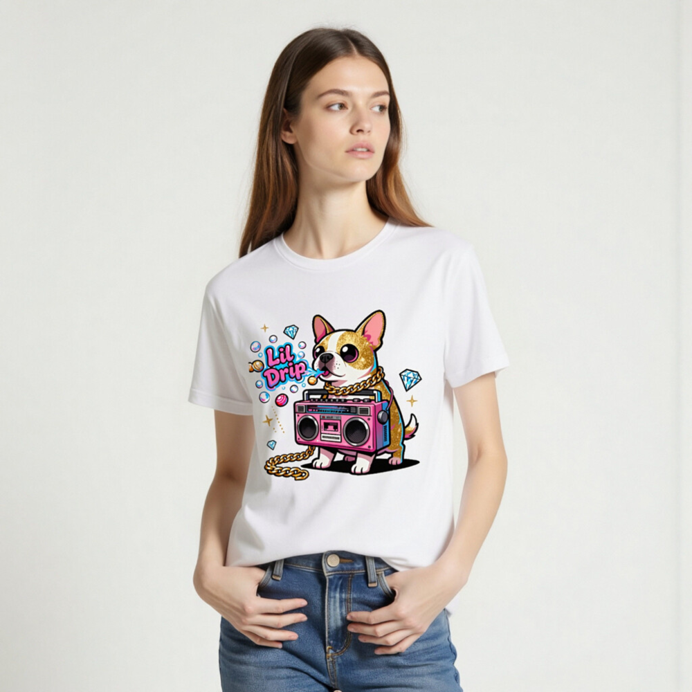 Unisex Staple T-Shirt - Lil Drip Dog with Boombox & Gold Chain Graphic - Image 2