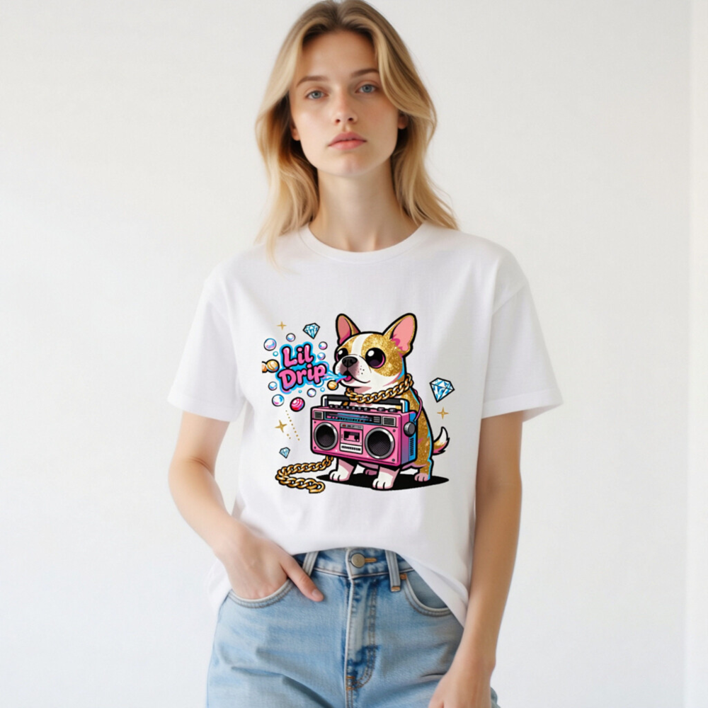 Unisex Staple T-Shirt - Lil Drip Dog with Boombox & Gold Chain Graphic - Image 3