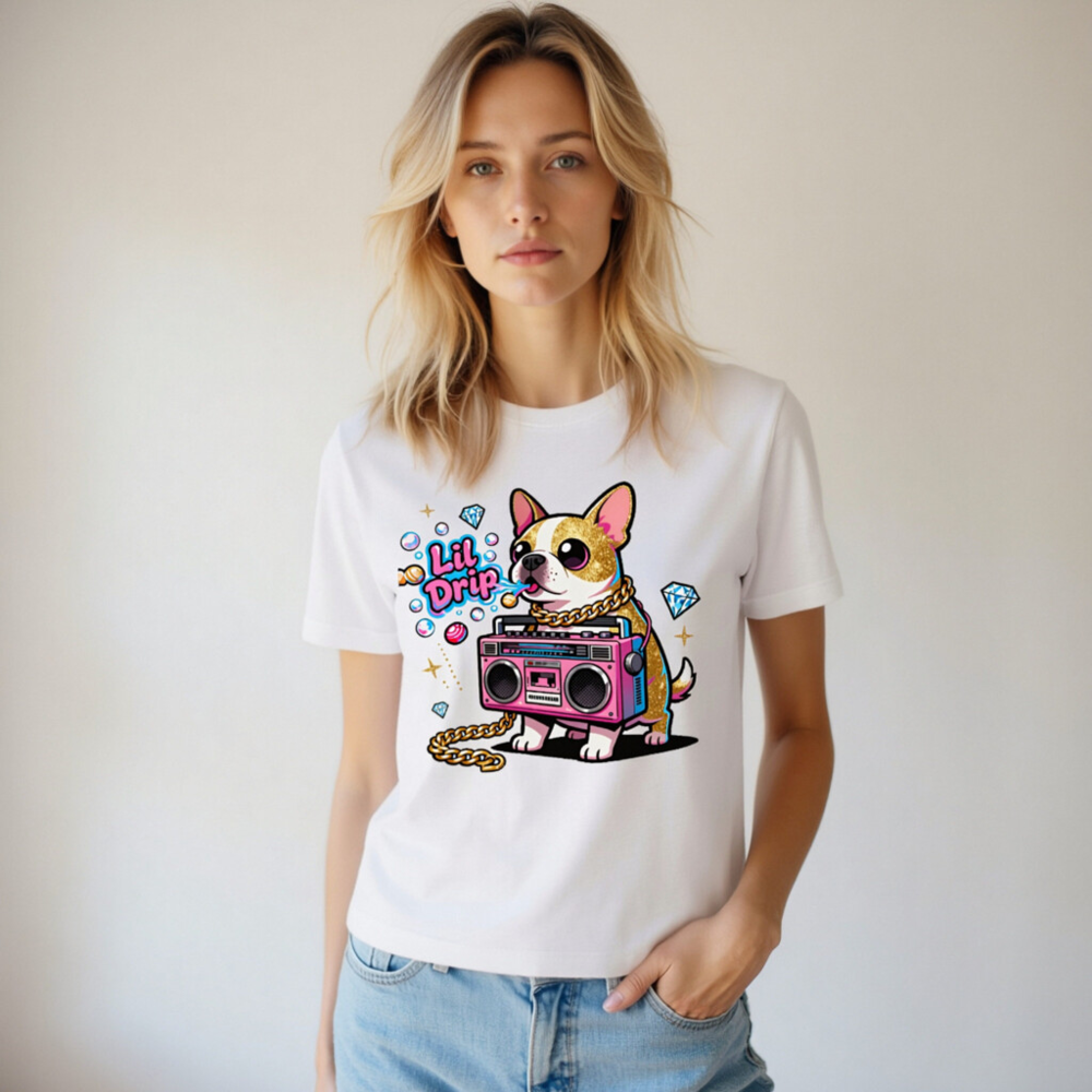 Unisex Staple T-Shirt - Lil Drip Dog with Boombox & Gold Chain Graphic - Image 8
