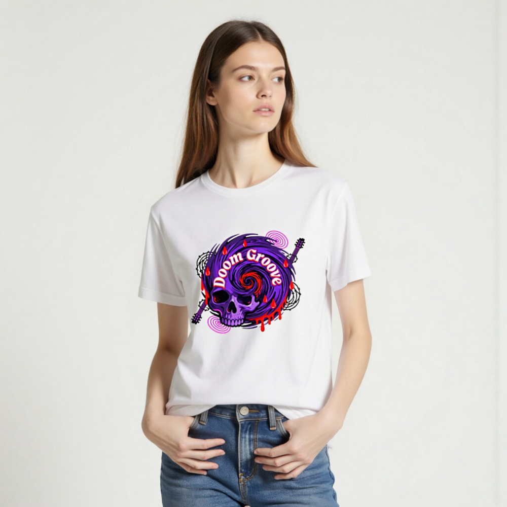 Doom Groove Skull T-Shirt | Unisex Staple Tee with Purple Spiral & Guitar Design - Image 2