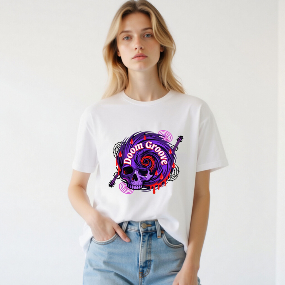 Doom Groove Skull T-Shirt | Unisex Staple Tee with Purple Spiral & Guitar Design - Image 3