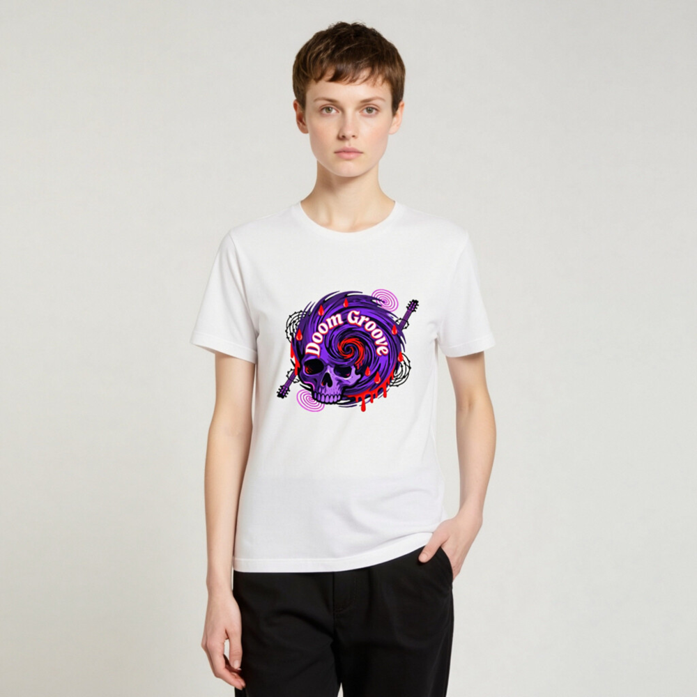 Doom Groove Skull T-Shirt | Unisex Staple Tee with Purple Spiral & Guitar Design - Image 4