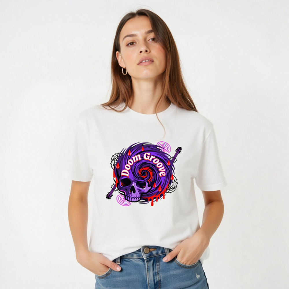 Doom Groove Skull T-Shirt | Unisex Staple Tee with Purple Spiral & Guitar Design - Image 5