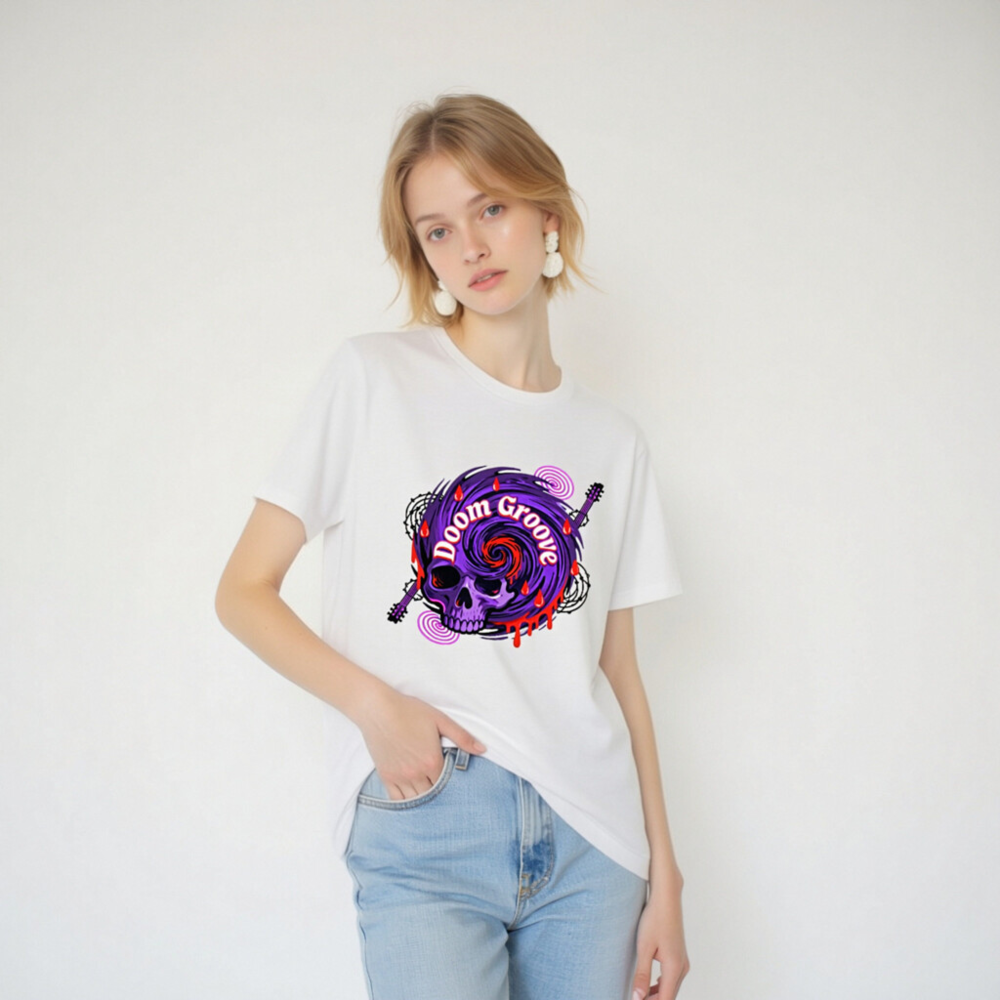 Doom Groove Skull T-Shirt | Unisex Staple Tee with Purple Spiral & Guitar Design - Image 6