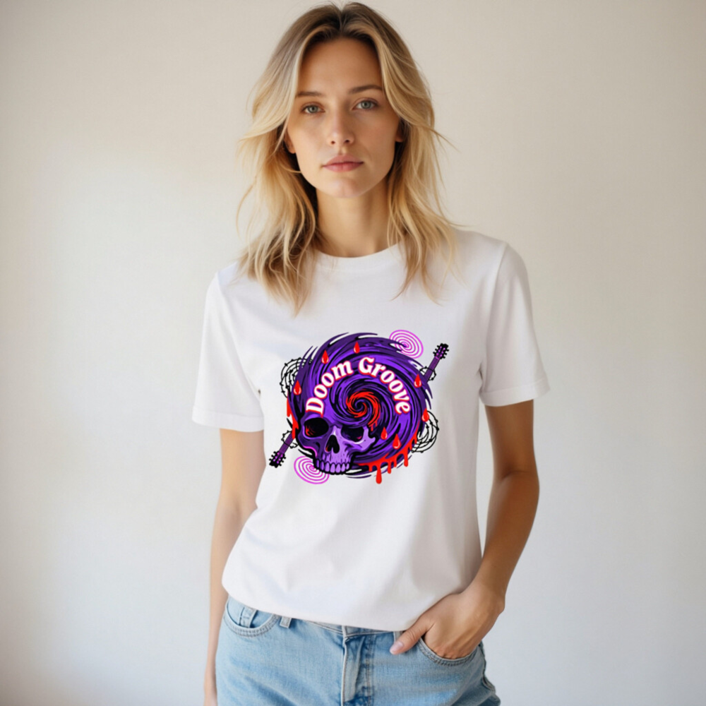 Doom Groove Skull T-Shirt | Unisex Staple Tee with Purple Spiral & Guitar Design - Image 8