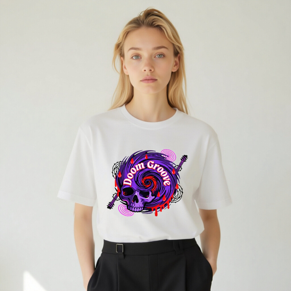 Doom Groove Skull T-Shirt | Unisex Staple Tee with Purple Spiral & Guitar Design - Image 9