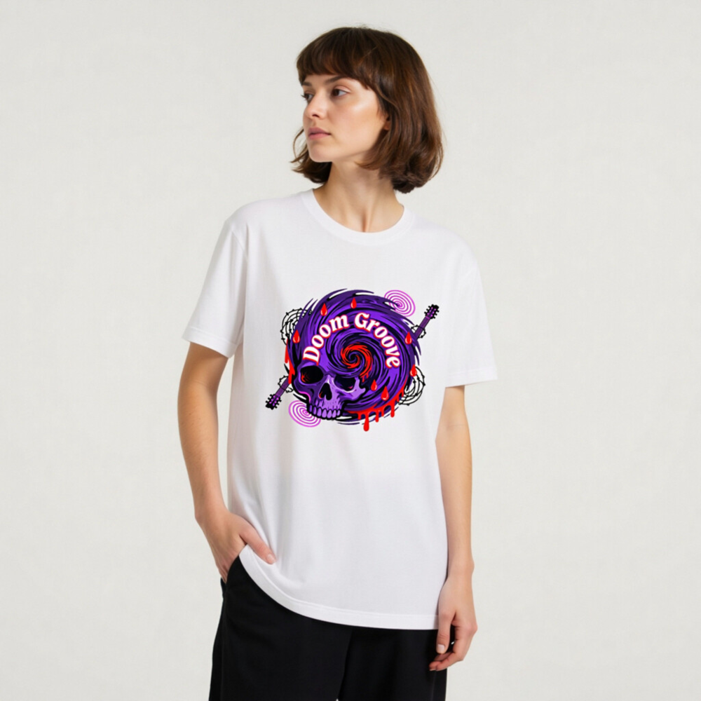 Doom Groove Skull T-Shirt | Unisex Staple Tee with Purple Spiral & Guitar Design - Image 10