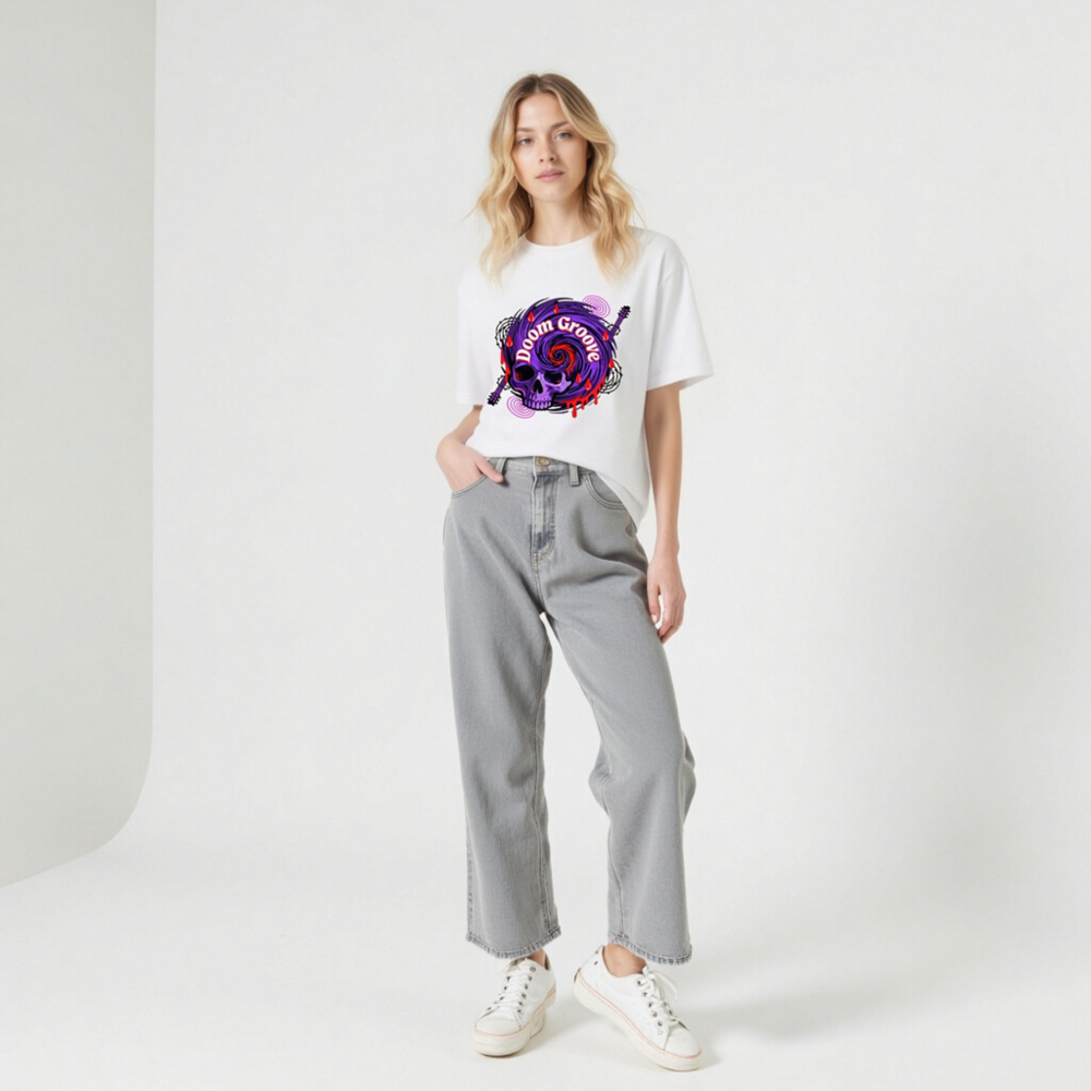 Doom Groove Skull T-Shirt | Unisex Staple Tee with Purple Spiral & Guitar Design - Image 11