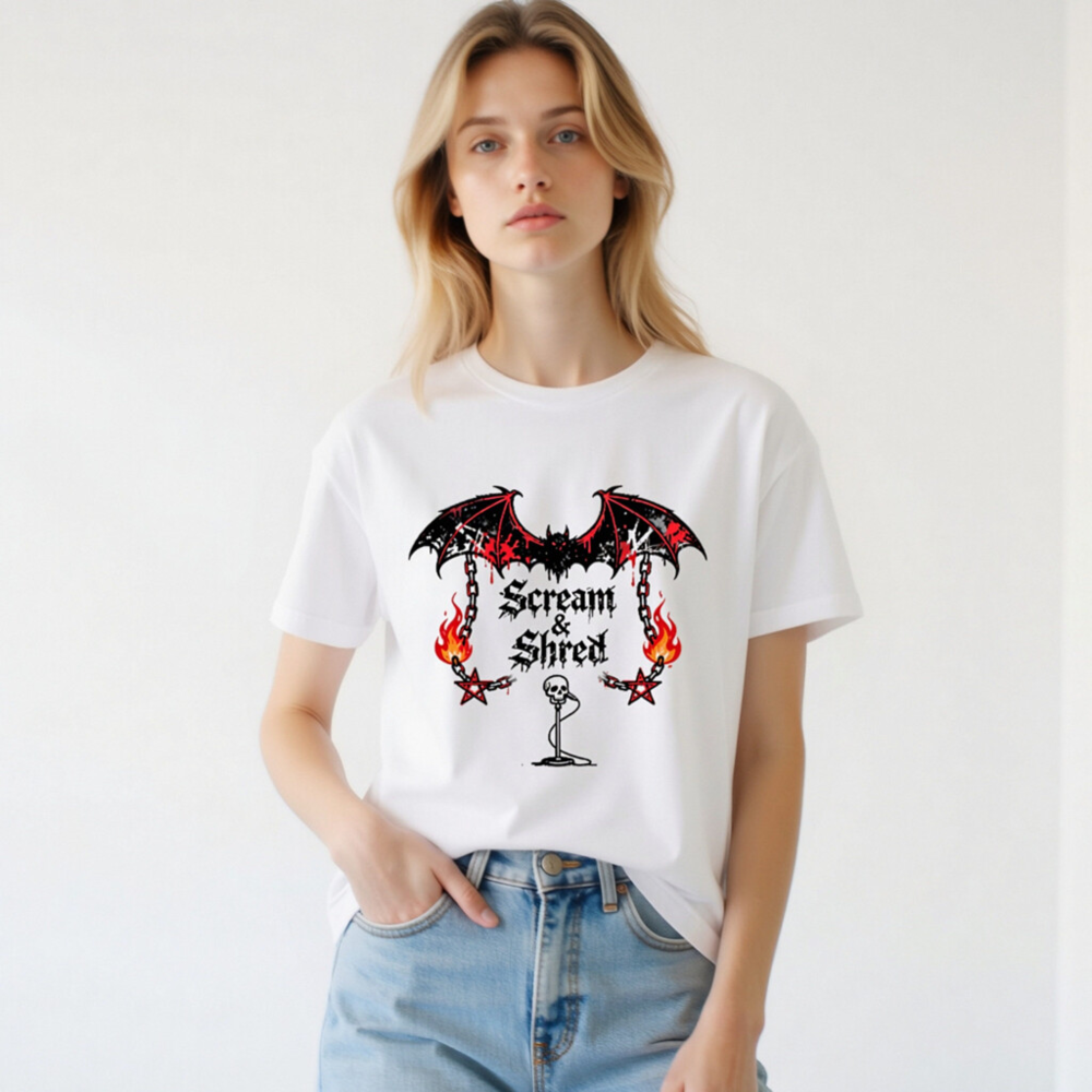 Unisex Staple T-Shirt | Scream & Shred Bat Skull Microphone Design - Image 3