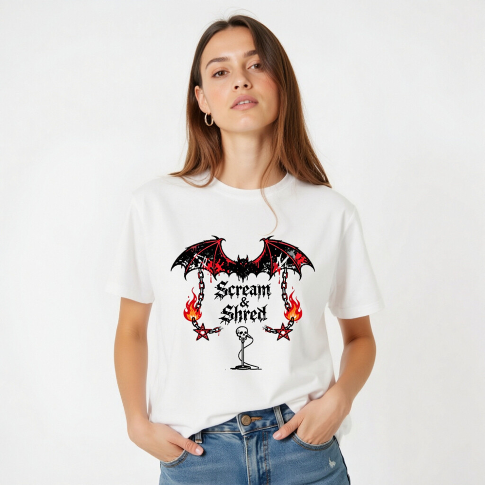 Unisex Staple T-Shirt | Scream & Shred Bat Skull Microphone Design - Image 5