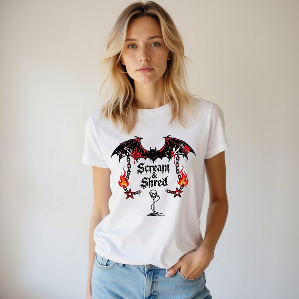 Unisex Staple T-Shirt | Scream & Shred Bat Skull Microphone Design - Image 8