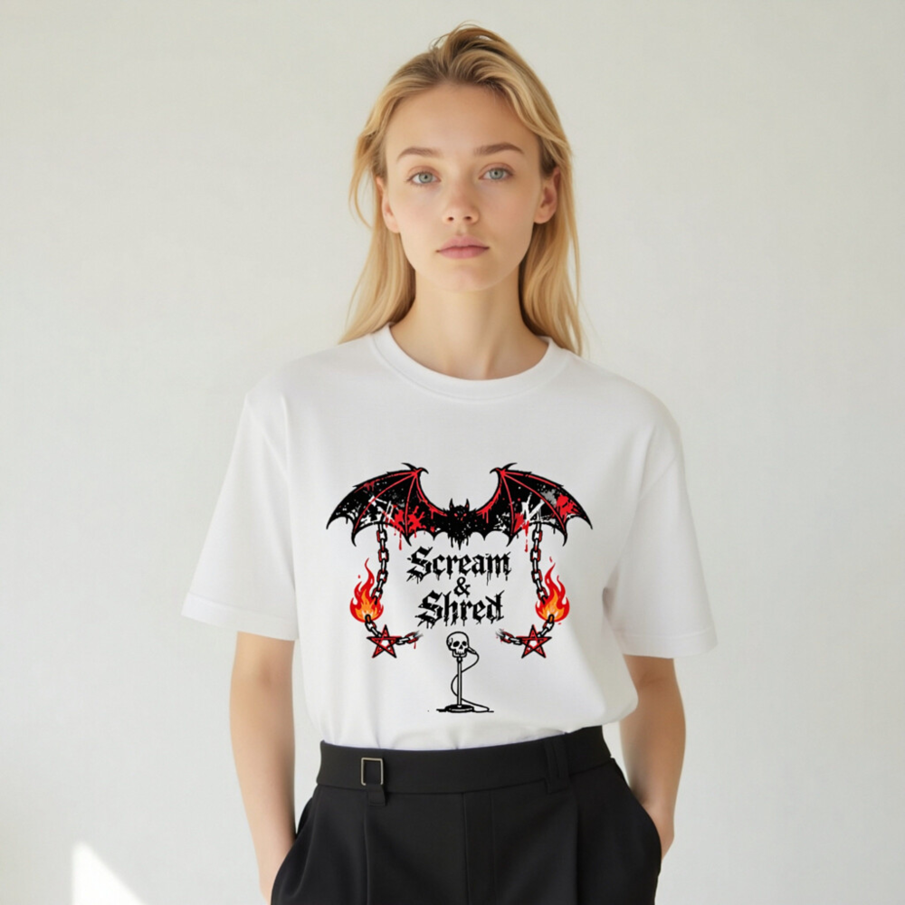 Unisex Staple T-Shirt | Scream & Shred Bat Skull Microphone Design - Image 9