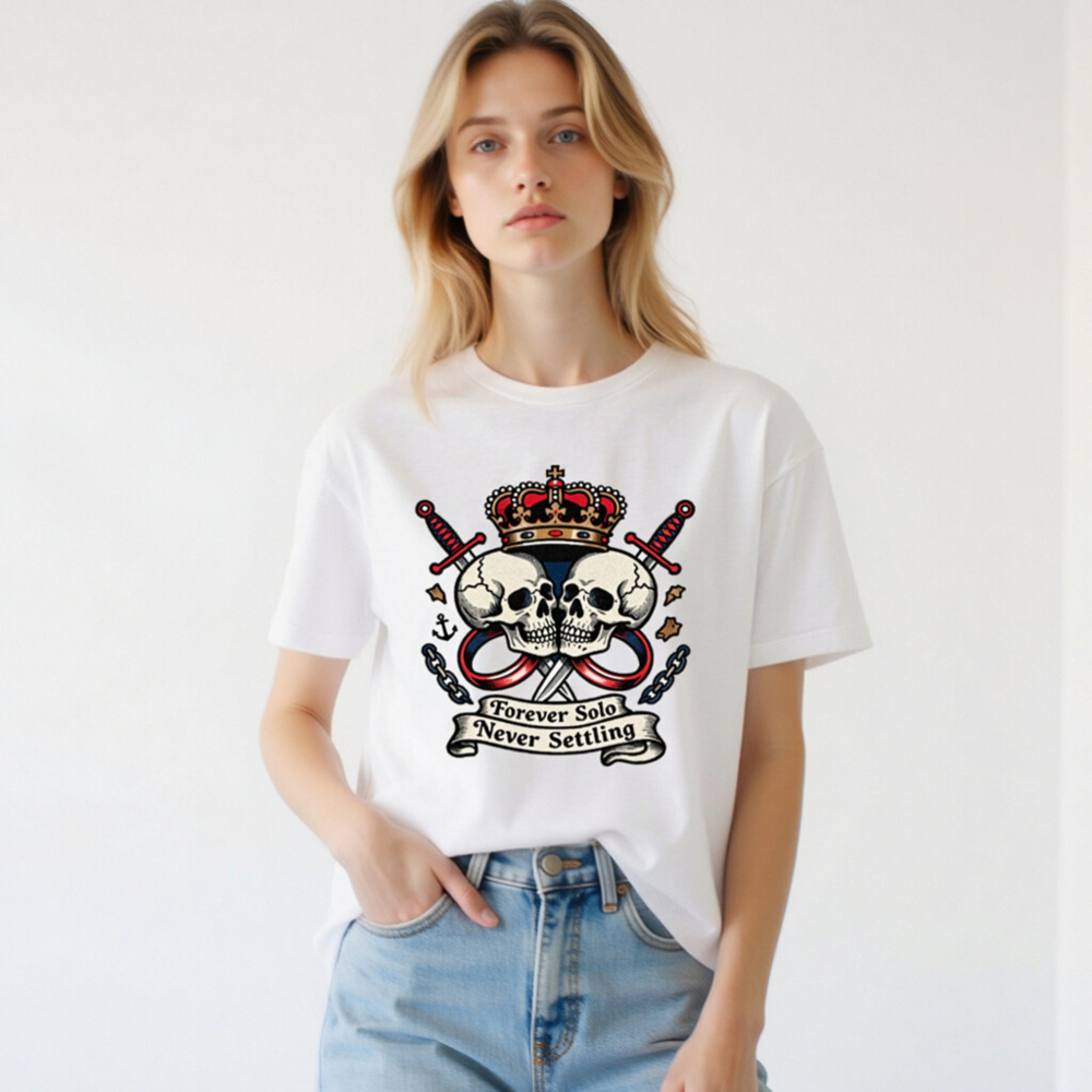 Unisex Staple T-Shirt - Forever Solo Never Settling Skull Crown Tee - Image 3