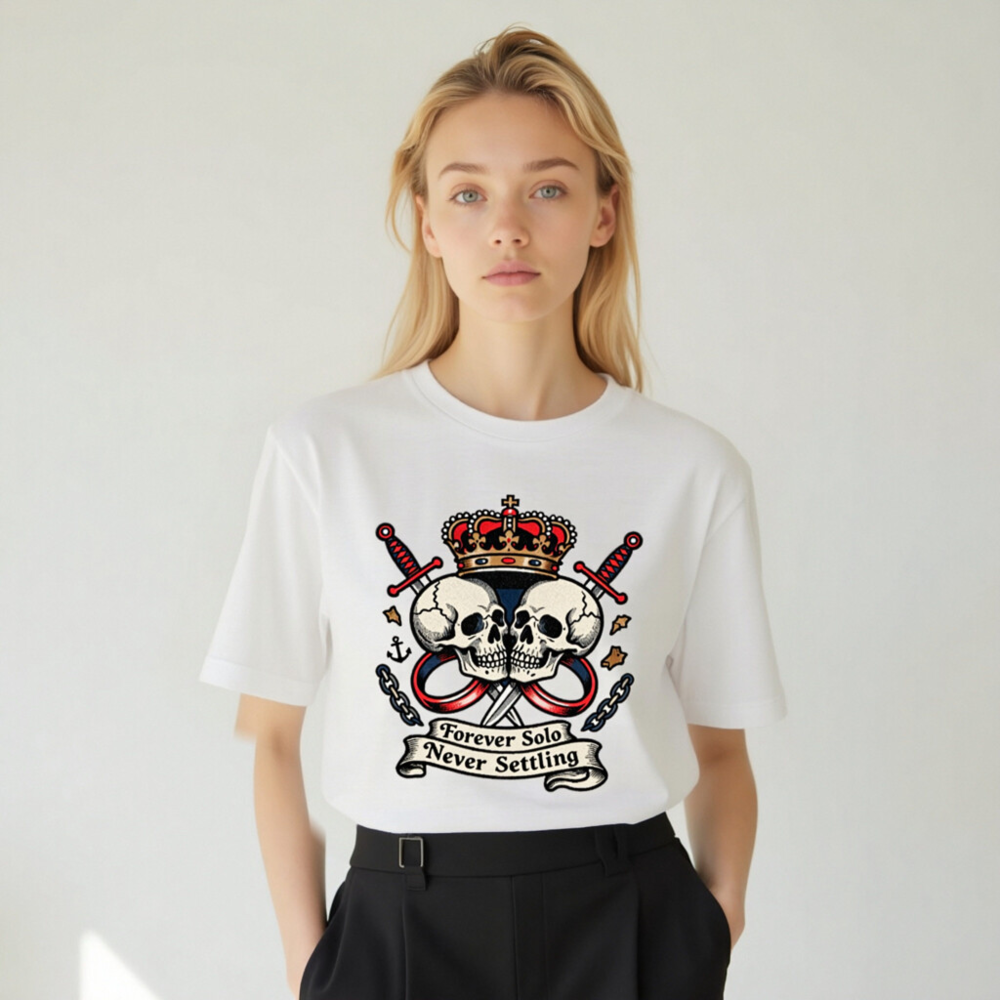 Unisex Staple T-Shirt - Forever Solo Never Settling Skull Crown Tee - Image 9