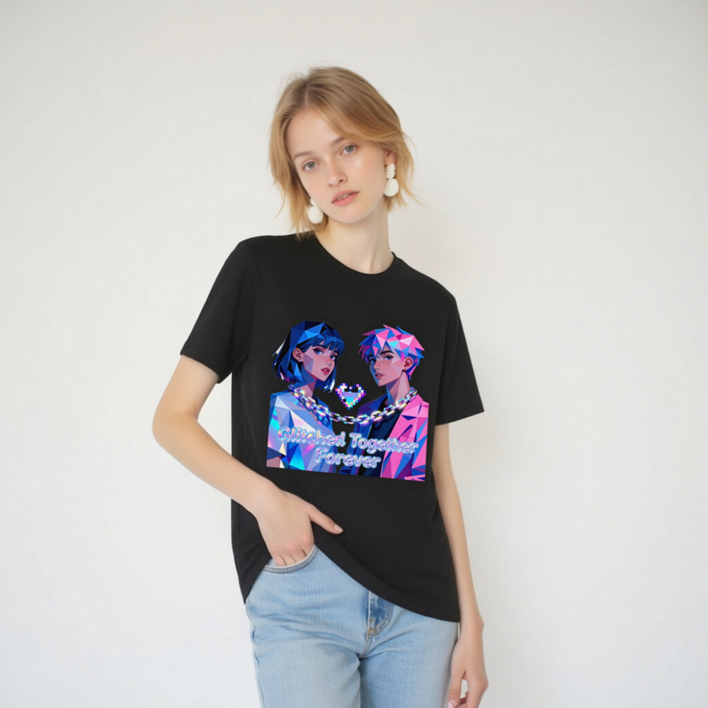 Glitched Together Forever Unisex T-Shirt - Pixel Art Couple, Cyberpunk Style - Image 2